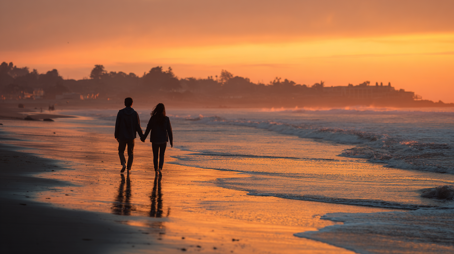 woman_and_man_holding_hands_walking_on_the_beach_in_santacruz man and woman walking down the beach on a date in santa cruz