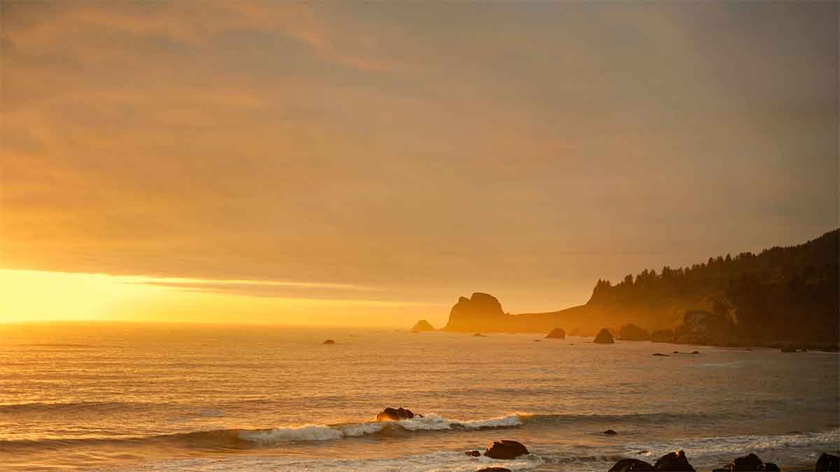 Sunset at the Coast Golden sunset over a calm beach with waves gently hitting the shore.