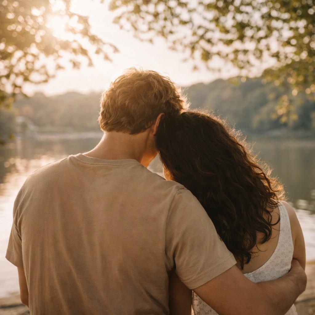Close-up of a backs of a couple holding each other by a lake in san jose ca
