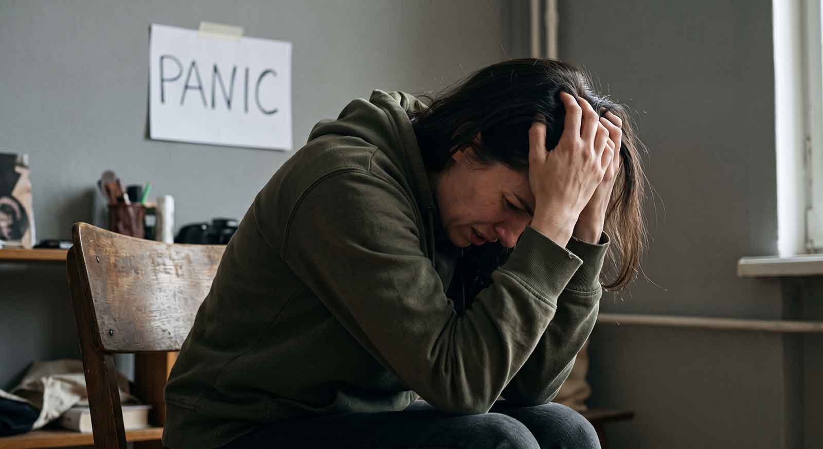 Panic-Attacks-vs-Anxiety-Attacks A side-profile photo of a woman sitting on a wooden chair in a dimly lit room, leaning forward with her head held tightly in both hands. She wears a dark green hoodie and appears overwhelmed by distress. In the soft-focused background, a plain white paper sign taped to a gray wall reads "PANIC".
